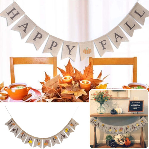 Thanksgiving Happy Fall Burlap Banner Hanging Pennant Banner Flags For Home - Picture 1 of 8