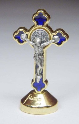 St. Benedict Crucifix 24kt Gold Plate - Blue 1 1/2'' w/ base