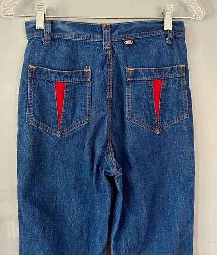 Vintage 70s RARE Red Snap High Waist Bell Bottom Flared Denim Jeans Sz S - Picture 4 of 10