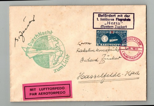 EDSROOM-15213 German Rocket Cover with canceled label, signed Zucker Nov 1933 - Picture 1 of 2