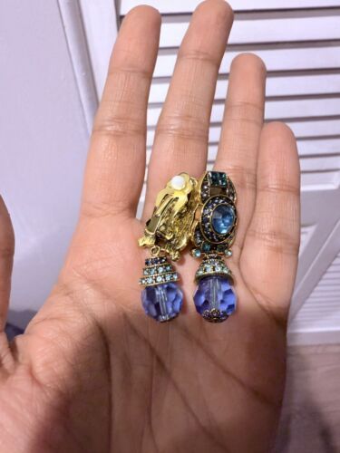 Clip On Long Blue Dangle Crystal Pageant Rhinestone Teardrop Earrings Wedding - Picture 2 of 3