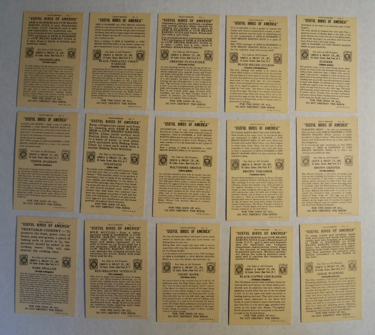 1938 Church & Dwight Useful Birds of America Complete Set 15 Cards