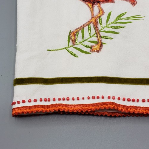 Pier 1 Flamingo Cotton Tea Towel Beaded Accents Velvet Ribbon Trim NWOT - Picture 3 of 12