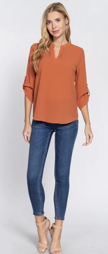 3/4 Roll Up Sleeve V-neck Woven Blouse  - Picture 3 of 28