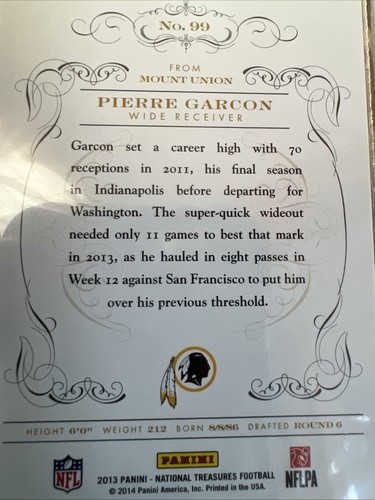 2013 National Treasures Pierre Garçon 30/99 Redskins - Bild 2 von 2