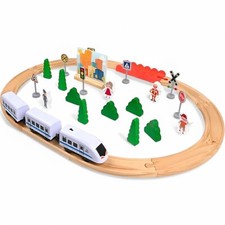 Kids Wooden Train Track Toy Rail Set with Train Cars Town Pieces People Track