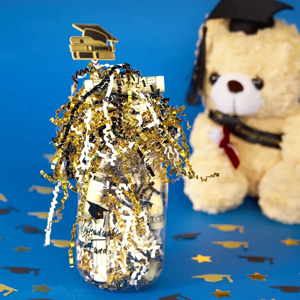 Papel de graduación de 1 LB con tapa de graduación con confeti de estrella, negro metálico dorado Foto 3 de 4