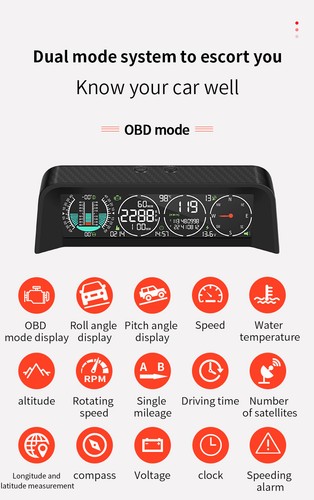 GPS+OBD 2 Modes HUD Head Up Digital Display Inclinometer Speedometer HD Screen - Picture 2 of 12