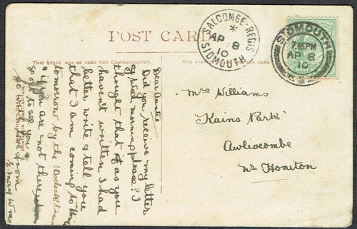 Devon PH 1910 Postkarte nach Awliscombe SALCOMBE REGIS und SIDMOUTH CDS EVII 1/2d - Bild 1 von 2