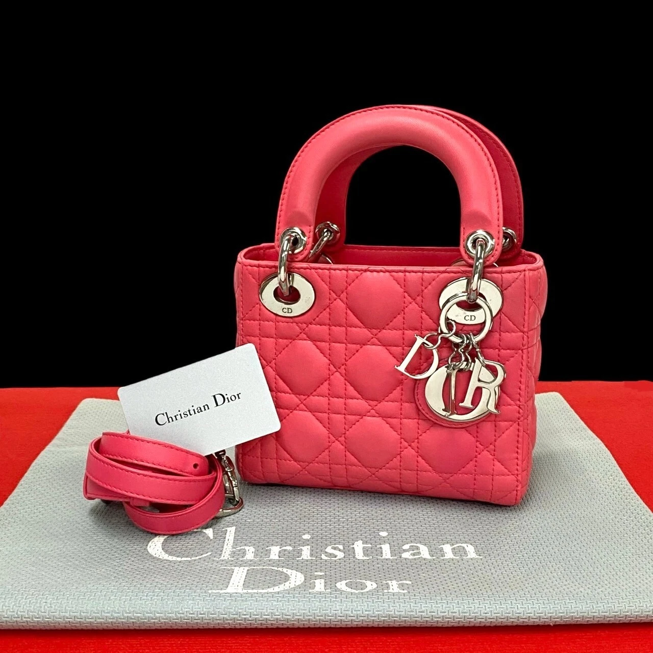 Sac bandoulière Christian Dior Lady Dior point cannage cuir rose 56498