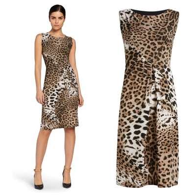 ROBERTO CAVALLI DRESS SIGNATURE LEOPARD PRINT RUCHED SLEEVELESS sz IT 44 US 8