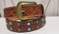 3D Leather Belt 36" Genuine Hand tooled Leather Floral Turquoise Western Cowboy