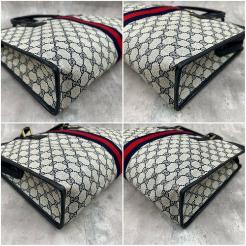 Gucci Tote Bag GG Supreme Sherry Line PVC Pelle Navy Usata Autentica Ottima GIAPPONE - Foto 6 di 24