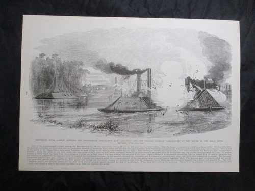 1885 Civil War Print - Naval Combat - CSS Arkansas Battle with USS Carondelet