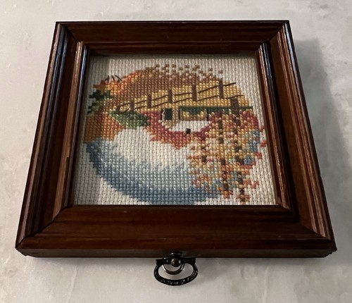 4 Finished Framed Needlepoint Art Seasons Spring Summer Winter Fall Farm Vintage - Picture 9 of 17