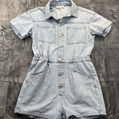 Day + Moon Denim Romper Jumpsuit Shorts Small Little Wash Button Up Short Sleeve