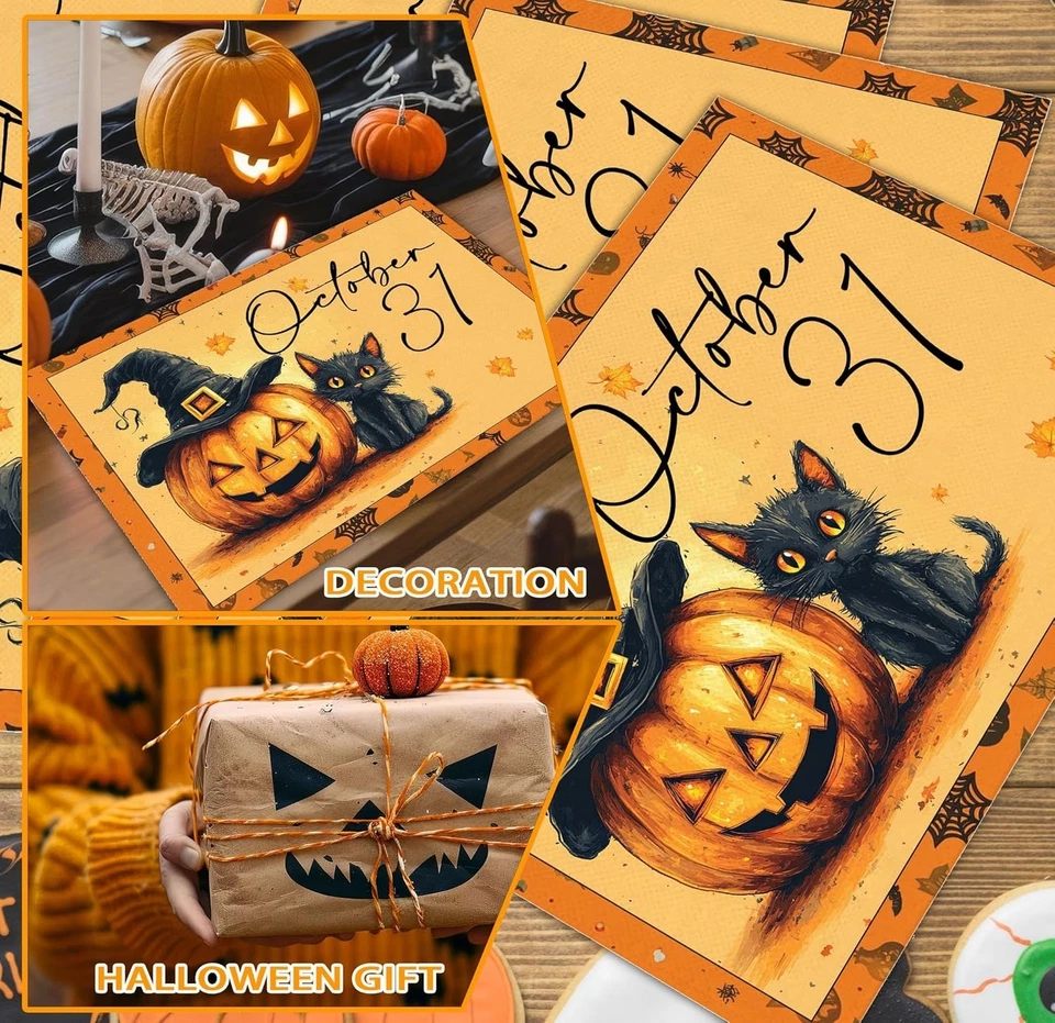 Bat Ghost Spooky Skeleton Pumpkin Black Cat Halloween Placemats Set of 4, 12x18 - Image 2 of 4