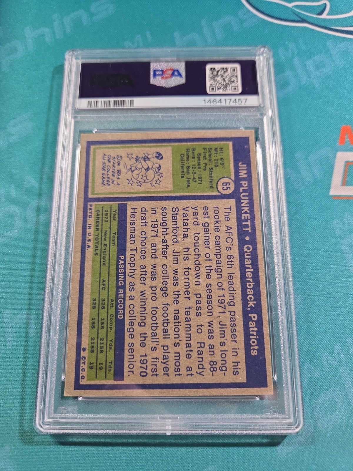 Jim Plunkett 1972 Topps Rookie #65 RC Vintage PSA 6 New England Patriots  view 3