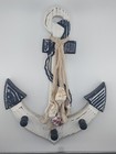 Wooden Anchor Wall Hanger Blue White Distressed Seashell Rope 3 Pegs 13X9 1/2 X1