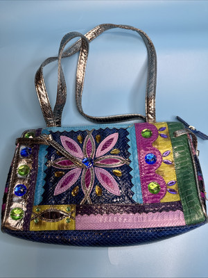 Braccialini designer small Blue leather bag purse with handmade flower.