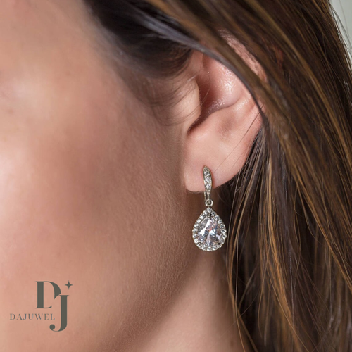 Moissanite Drop/Dangle Wedding Earrings 2.50 Carat Pear Cut Solid 14K White Gold - Picture 4 of 6