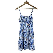 Express Abstract Brushstroke Button Front Smocked Back Mini Sundress Blue Size M