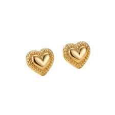 14K Solid Yellow Gold Heart Stud Stamping Earrings Cute Love Jewelry Gift Women