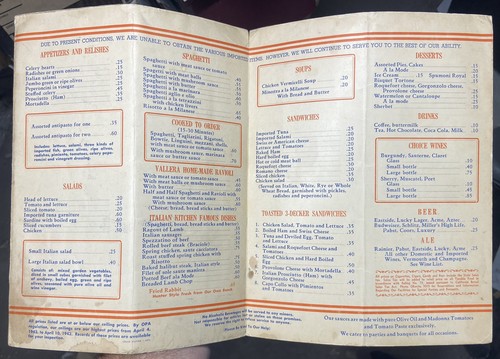 1940's Los Angeles, Calif. ITALIAN KITCHENS Restaurant Chain MENU w/ Prices - Picture 2 of 5