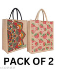 🌸 Pack of 2 Eco Jute Tote Bags – Mandala & Strawberry Print | Reusable Shopper