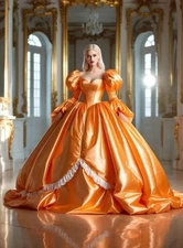 Orange Fantasy Victorian Evening Gowns Gorgeous Bubble Long Sleeve Corset Gowns