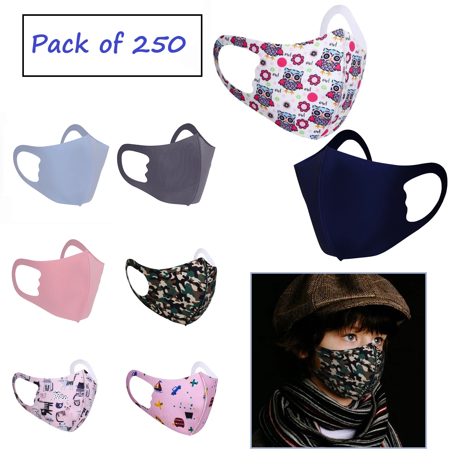 Kids Face Masks 250 pcs Mixed Reusable Washable Cotton Boys Girls School Job Lot