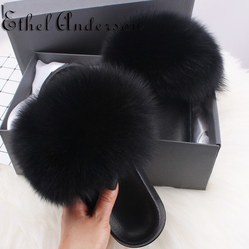 Women's Real Farm Fox Fur Slippers  Flops Furry Non-slip Summer Beach Shoes D8 - Picture 43 of 58