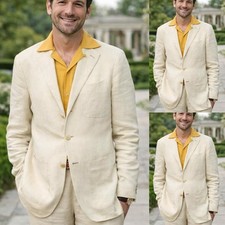 2Pcs Linen Men's Suits Notch Lapel Prom Dinner Party Jacket Casual Wear Coat