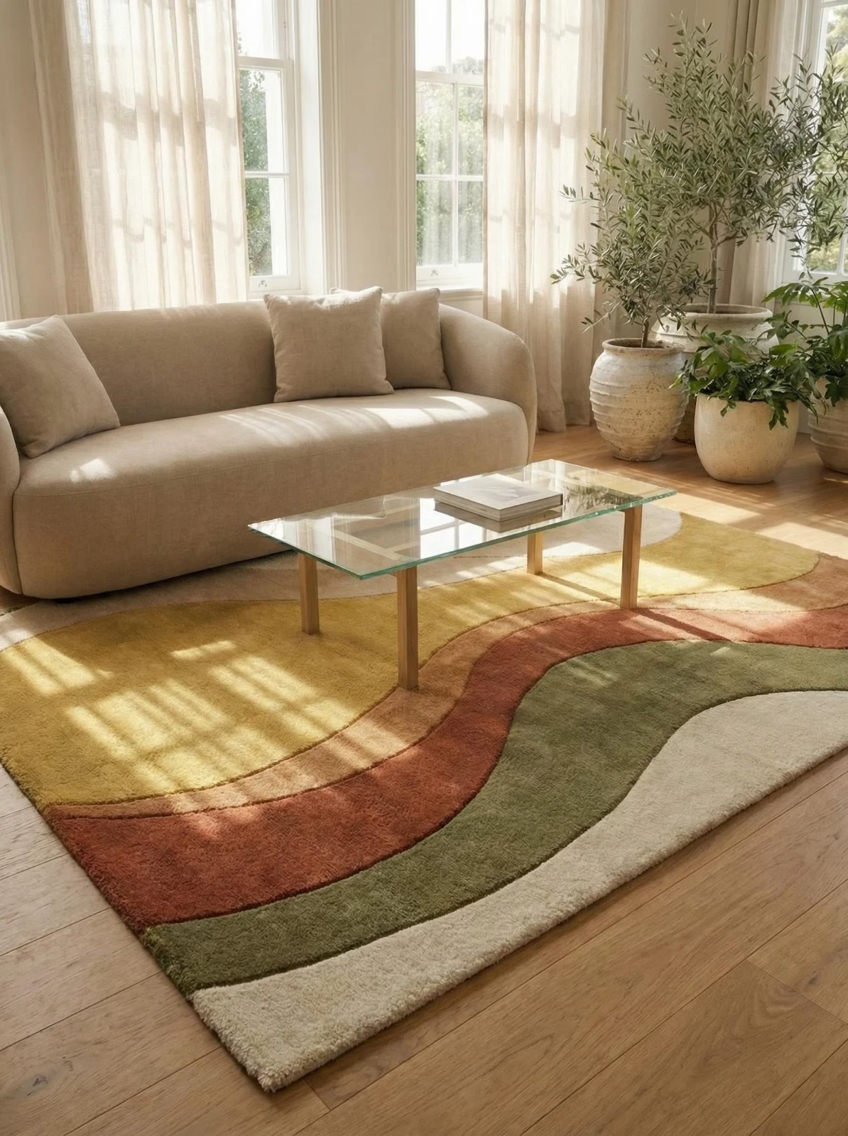 Hand Tufted Abstract Wave Rug Modern Earth Tone Area Rug Beige Green Rust
