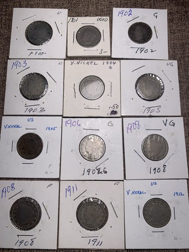 Lot of 20 US coins Liberty Head V Nickels 5 Cents, Full Dates 1900-1912
