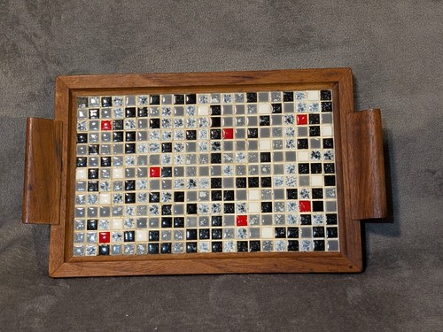 Vtg MCM Mosaic Tile Brown Wood Tray Trivet BLACK WHITE GRAY RED BLUE w/HANDLES