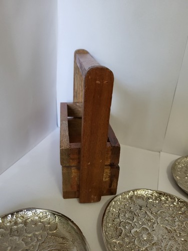 Vtg Aluminum Metal Floral Coasters With Wood Holder Set Of 4 Cherry Blossoms - Picture 5 of 10