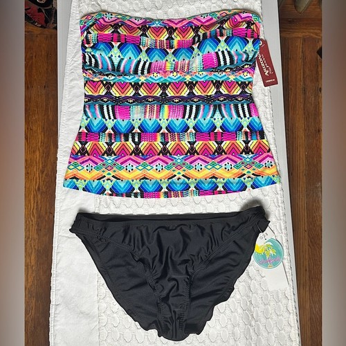 Convertible Bandeau Swimsuit Colorful Print Tankini Cheeky Ruffle Bikini Bottom - Picture 15 of 15