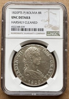 1820PTS PJ BOLIVIA 8R FERDINAND VII NGC UNC DETAILS 1820 BOLIVIA 8 REALES SILVER