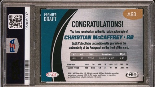 2017 SAGE HIT PREM. DRAFT AUTO GOLD A93 CHRISTIAN MCCAFFREY  PSA Auth 170/250 - Picture 2 of 2
