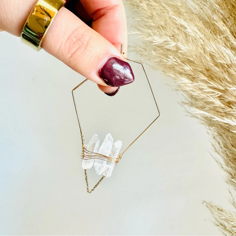 Pendientes de aro de cristal de piedras preciosas boho hechos a mano de cuarzo transparente joyería Foto 4 de 4