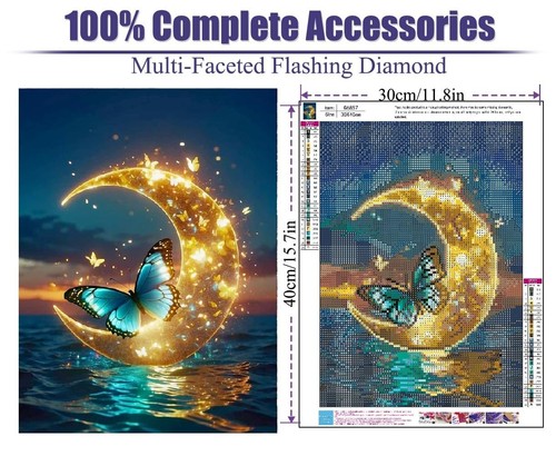 Sea Moon 5D Butterfly Diamond Painting Kit, Full Drill DIY Gem Art, 12x16in - Picture 7 of 7