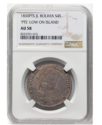 NGC Certified 4 Soles Bolivia 1830 Rare PTS "Low on Island" JL Silver Coin AU58 - 第 2/4 張圖片