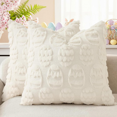 Easter Cream White Egg Pillow Covers 16x16 Inch Set of 2, Soft Plush Faux Wool 