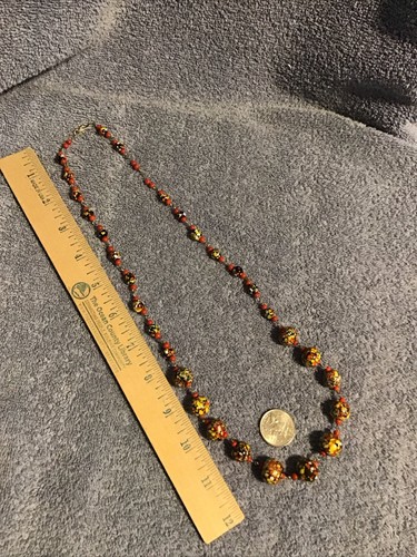 Vintage Glass Bead Necklace Venetian Murano Splatter Black Red Graduated Wire - Picture 3 of 9