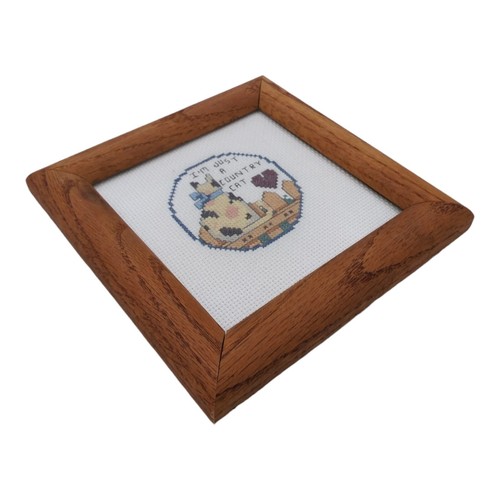 Framed Cross Stitch Country Cat Handmade Finished 6.5" Square Home Decor Art - Picture 2 of 6