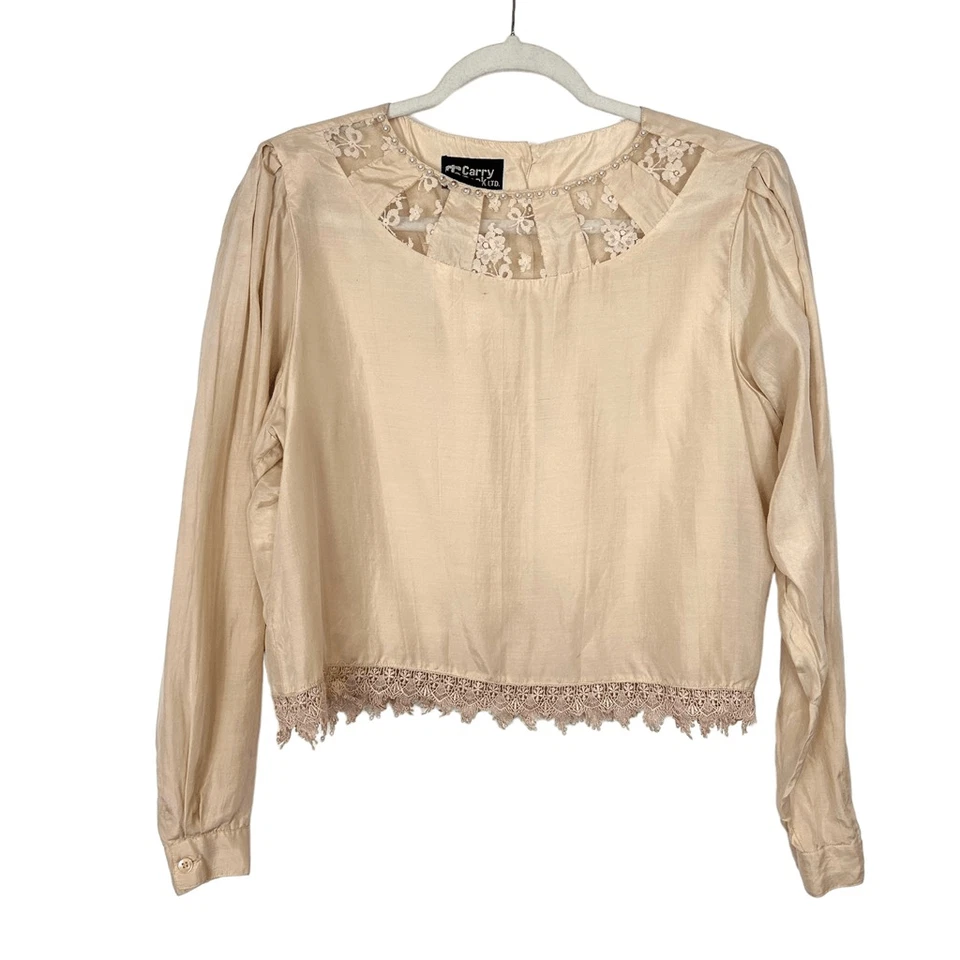 复古丝绸衬衫女式 10 奶油棕褐色长袖蕾丝珍珠装饰女性