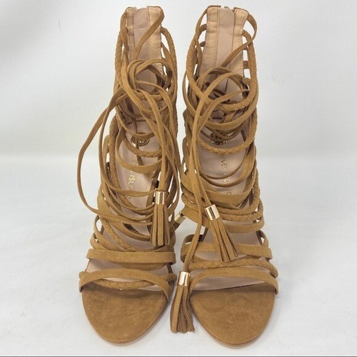 River Island Prep Faux Suede Braided Strappy Heels Ankle Tie Tassels Size 38 - Picture 3 of 8