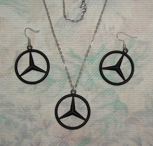 MERCEDES BENZ BLACK STAR LOGO... LADIES HOOP EARRINGS & CHAIN PENDANT. BRAND NEW - Picture 1 of 6