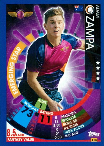 2017 2018 RISING PUNE SUPERGIANT IPL Cricket Card ADAM ZAMPA Topps Attax - Picture 1 of 2